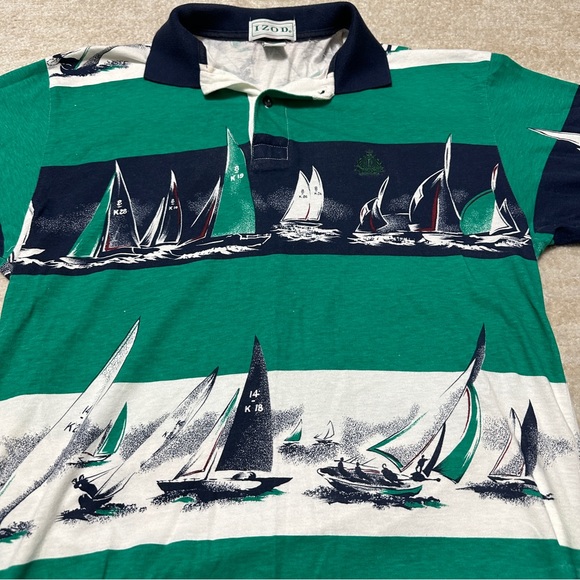 Vintage Izod Men's Small All Over Print Sailboat Polo Shirt Abstract AOP Green - Picture 2 of 8